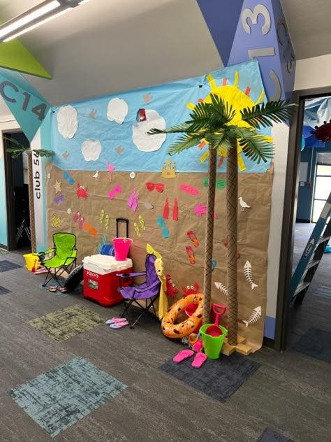 Beach scene Beach Theme Cubicle Decor, Beach Display Classroom, Beach Party Indoor, Beach Theme School Party, Beach Theme Classroom Ideas, Beach Classroom Decorations, Beach Hallway Decorations School, Beach Theme Classroom Decorations, Vbs Beach Theme Decorations