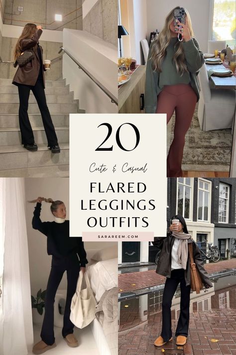 Looking for stylish and cozy flared leggings outfit ideas? Flared leggings are perfect for creating comfy yet cute looks this fall and winter 2024! Whether you're going for a casual vibe, something more chic, or layering up for colder days, these outfit ideas will keep you looking effortlessly stylish all season long. From cozy sweaters to trendy jackets, get inspired with these easy-to-wear outfit combos. Save this pin for all the outfit inspo you need! #FlaredLeggingsOutfit #OutfitIdeas Fall Sweater Legging Outfits, Outfits With Wide Leg Leggings, Flare Legging Fall Outfits, Knit Flare Pants Outfits, Lulu Lemon Flare Leggings Outfit, Sweater And Yoga Pants Outfit, Flare Bodysuit Outfit, Yoga Pants With Boots Outfit, Fall Outfits 2024 Leggings