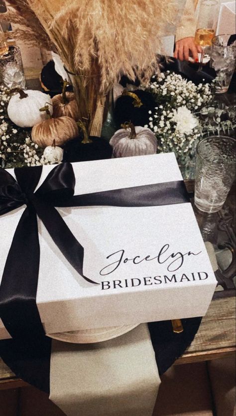 Will You Be My Bridesmaid Gifts Box Proposals, Bridesmaid Proposal Box Ideas Terracotta, Classy Bridesmaid Proposal Boxes, Black And White Bridesmaid Proposal Boxes, Bridesmaid Proposal Box Black, Bridesmaid Proposal Box Black And White, Black And White Bridal Proposal, Chic Bridesmaid Proposal, Bride Proposal Boxes