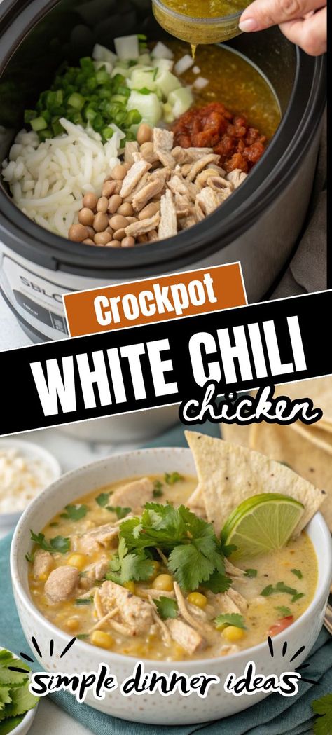 A bowl of Crockpot White Chili Chicken with garnishes of avocado, cilantro, lime wedges, and tortilla chips. The chili appears creamy and full of flavor. Ww White Chicken Chili Crock Pot, Chicken Chilli Recipes Crockpot, White Chicken Chili Black Beans, Crock Pot White Chicken Chili Healthy, Low Cal Chicken Crockpot Recipes, White Chicken Chili Crockpot Healthy, White Chili With Pork, White Chili Crockpot Recipes, Chicken White Chili Recipe