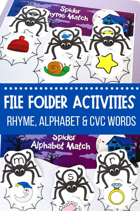 Your students will love learning the alphabet and the skill of rhyme with these hands on file folder games and activities! These file folder activities are perfect for independent kindergarten or first grade literacy centers! Halloween File Folder Games, Preschool Phonemic Awareness, Halloween Themed Games, Folder Activities, Halloween Themed Activities, Crisp Morning, Literacy Centers Kindergarten, Morning Tubs, Kindergarten Reading Activities