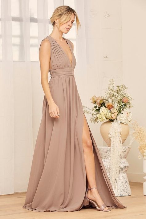 100+ Dresses Perfect for Wedding Guests | The Perfect Palette Taupe Dress Outfit, Wedding Guest Attire Guide, Long Sleeve Formal Gown, Taupe Gown, Taupe Maxi Dress, Taupe Wedding, Taupe Bridesmaid Dresses, Taupe Dress, Long Sleeve Evening Gowns