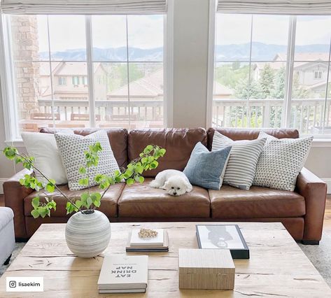 Brown Leather Sofa Living Room, Leather Couch Living Room Decor, Pottery Barn Sofa, Brown Leather Couch Living Room, Brown Sofa Living Room, Pottery Barn Living Room, Leather Couches Living Room, Brown Couch Living Room, Brown Leather Couch