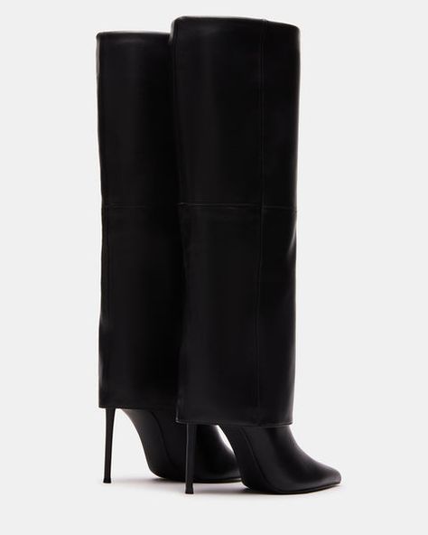 A stiletto heel and a pointed-toe peek from under the SMITH knee boot's fold-over construction. Step out into style with this versatile boot.  Point-toe stiletto fold-over knee boot Slip-on style 4 inch heel height  Size 6 measurements: 13.75 inch shaft circumference, 14.5 inch shaft height�  Size 8 measurements: 16 inc The Smith, Apparel Merchandising, Leather Wear, Knee Boot, Leather Cuffs, Dream Shoes, High Heel Boots, Stiletto Heel, Cute Shoes