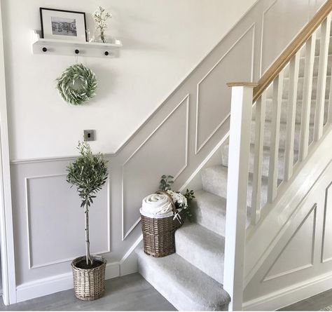 Hall Stairs And Landing Ideas, Grey And White Hallway, White Hallway Ideas, Stairs And Landing Ideas, Hall Stairs And Landing, Stairs And Hallway Ideas, Stair Paneling, Landing Ideas, Grey Hallway