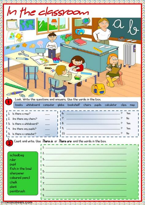 There is - There are online and pdf worksheet. You can do the exercises online or download the worksheet as pdf. Celpip Speaking, Classroom Vocabulary, School Objects, Classroom Objects, Kindergarten Homework, Grammar For Kids, Picture Composition, Teaching English Grammar, To Learn English