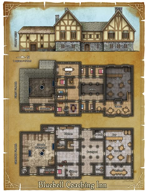 Midevil House Aesthetic, Inn Layout, Dnd House Map, Medieval Castle Layout, Fantasy Inn, Kobold Press, Castle Floor Plan, Rumah Minecraft Sederhana, Fantasy City Map