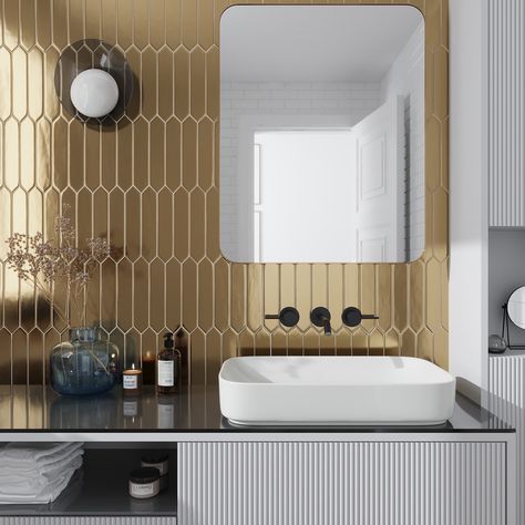 Picket Tile, Finish Basement, Subway Tiles Bathroom, Gold Tile, Gold Palette, Bathroom Shower Tile, Shower Surround, Subway Tiles, Wall Designs