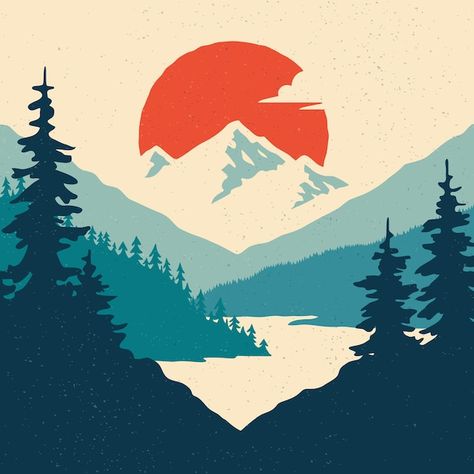 Vector vintage mountain landscape with s... | Premium Vector #Freepik #vector #outdoor-logo #mountain-badge #hiking-logo #adventure-logo Vector Art Illustration Graphics, Forest Vector, Mountains And Forest, Outdoor Logos, Ski Art, Mountain Illustration, Inspiration Board Design, Mountain Logos, Wall Murals Painted