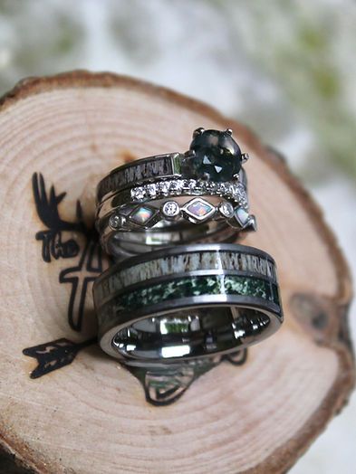 Moss and Antler Set | The Antlered Doe Antler Wedding Rings Womens, Antler Rings Women, Antlered Doe, Deer Antler Rings, Antler Engagement Ring, Deer Antler Wedding, Antler Wedding Rings, Antler Rings, Deer Antler Ring