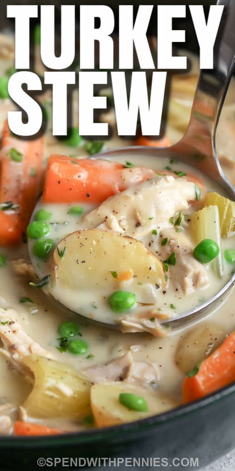 Everyone will love this turkey stew recipe. Made with vegetables like peas, carrots, & potatoes, and turkey meat; it is so delicious and hearty! Are there extra veggies in the fridge? Add them into the stew, pretty much anything goes! Make it on the stovetop or in the crockpot any day of the week! This budget-friendly stew is the best way to use up leftover turkey from the holidays. Freeze a batch of this filling stew or enjoy it all week long for lunch! #spendwithpennies #turkeystew #recipe Traditional Beef Stew, Turkey Stew, The Stew, Turkey Soup Recipe, Carrots Potatoes, Turkey Casserole, Crockpot Turkey, Leftover Turkey Recipes, Healthy Turkey