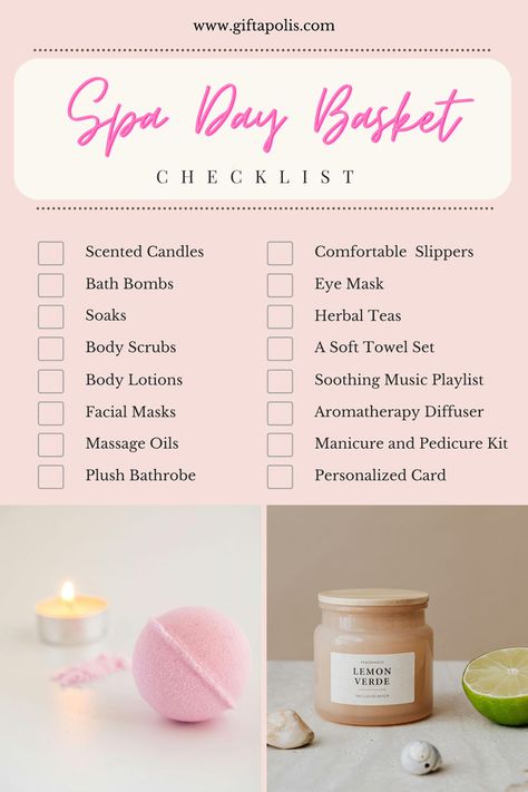 Craft the ultimate relaxation experience with our Spa Day Basket Checklist! Perfect for birthdays, anniversaries, or just because, this guide ensures your gift brings the tranquility of a spa right to their doorstep. Pin this guide to create the perfect spa day at home. Share the gift of relaxation and self-care today! 🎁💕 #SpaDayBasket #RelaxationGifts #GiftBasketIdeas #Giftapolis Spa Day Gifts, Care Basket, Spa Basket, Spa Ideas, Skincare Routines, Spa Gift Basket, Spa Day At Home, Pedicure Kit, Diy Spa