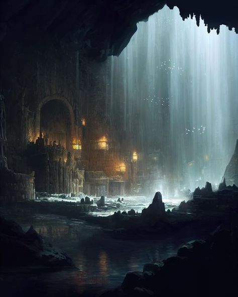 Oknice Art on Instagram: "Cavern Stronghold - hear the war horns and drums coming from deep within the stronghold - #photoshop #photobash #mattepainting #midjourney #digitalart #digitalpainting #procreate #painting #conceptart #illustration #conceptdesign #environments #adventure #explore #fantasy #fantasyart #fantasypainting #mood #cavern #cave #colony #mountain #waterfall #lake #pond #ruins #architecture #lost #nature #lotr" Cave World Fantasy Art, Fantasy Cavern Art, Cave Temple Concept Art, Underwater Cavern Fantasy Art, Mountain Cave Fantasy Art, Cave Village Concept Art, Cave Waterfall Art, Waterfall Cave Fantasy Art, Cave Lake Fantasy Art