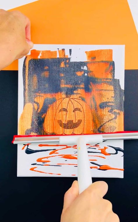 Halloween Squeegee Paint Art - Magical Halloween Art for Kids! Halloween Art First Grade, Halloween Art Projects For Kids, Halloween Art For Kids, Squeegee Art, Halloween Elementary, Squeegee Painting, Halloween Canvas Paintings, Halloween Canvas Art, Scrape Painting