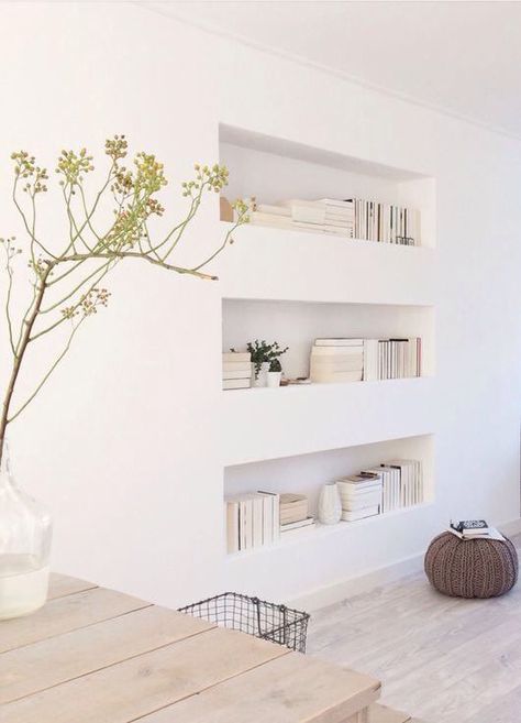 Recessed Sheetrock shelves but put tile or glass on shelf for easy dusting. House Projects, A Living Room, Lounge Room, Design Case, Home Fashion, Contemporary Decor, 인테리어 디자인, House Inspiration, Design Interior