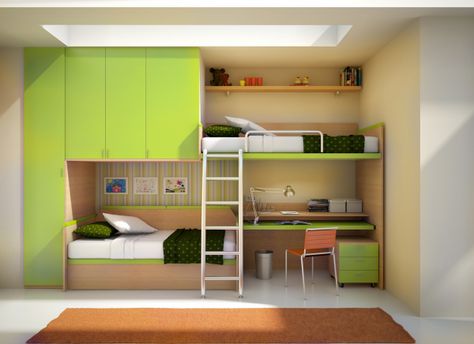 The ultimate built-in for any kids room, this wall unit features off set bunk beds, storage and closet space and work desk. Bed With Desk Underneath, Bunk Beds Small Room, Bunk Bed Plans, Modern Bunk Beds, Double Bunk Beds, Bunk Bed With Desk, Wooden Bunk Beds, Cool Bunk Beds, Kids Loft Beds