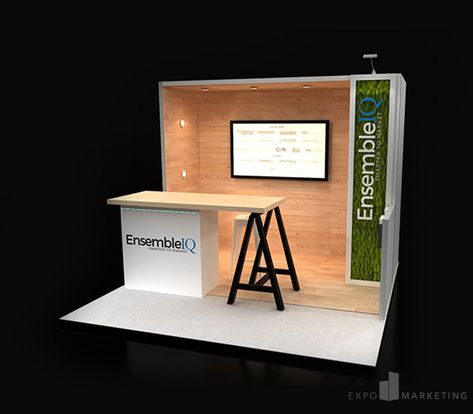 This custom 10x10 trade show booth includes puck lighting, faux green wall panel, 3D letters, custom reception desk, and TV monitor. Meet new clients in this inviting custom booth! All elements can be customized to fit your branding. View more of our designs in our portfolio! Tradeshow Booth Design 10x10, Convention Booth Design, Expo Booth Design, Booth Design Ideas, Convention Booth, Event Booth Design, Expo Stand, Booth Designs, Stand Feria