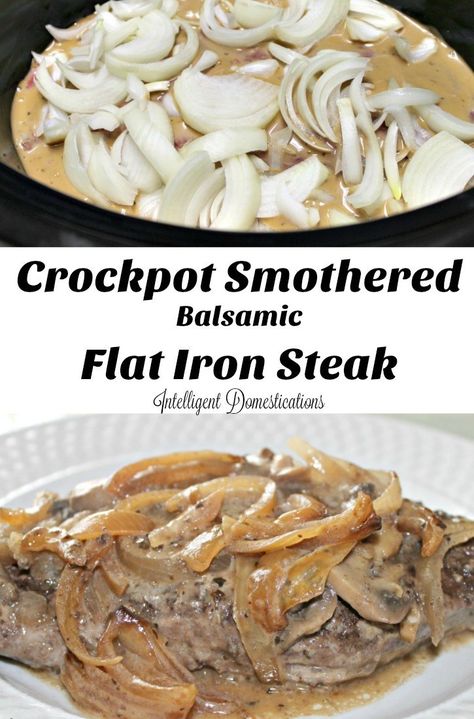 Crockpot Smothered Flat Iron Steak Steak In The Crockpot, Iron Steak Recipes, Baked Steak Recipes, Steak Crockpot, Chopped Steak Recipes, Crockpot Steak Recipes, Flat Iron Steak Recipes, Crockpot Meat, Crockpot Steak