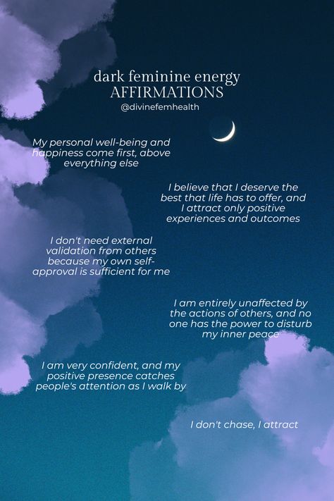 Embracing my dark feminine energy with affirmations today! Can't wait to see what magic unfolds 🌙🖤 #female #empowered #manifesting Affirmations For Dark Feminine Energy, Light Femine Energy, How To Embrace Dark Feminine Energy, Villain Era Affirmations, Dark Fem Affirmations, Dark Femenine Energy Affirmations, What Is Divine Feminine Energy, Journal Prompts For Feminine Energy, Dark Feminine Energy Books