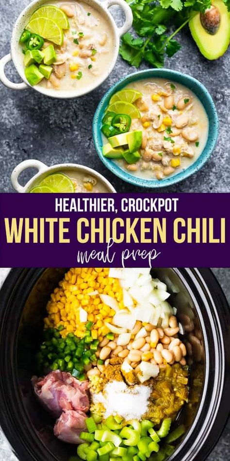 White Chicken Chili Crockpot Recipes Healthy, Healthier White Chicken Chili, Healthier Crockpot Meals, Crock Pot Healthy, Mealprep Freezer, Healthy White Chicken Chili, Slow Cooker White Chicken Chili, Chili Healthy, White Chicken Chili Healthy