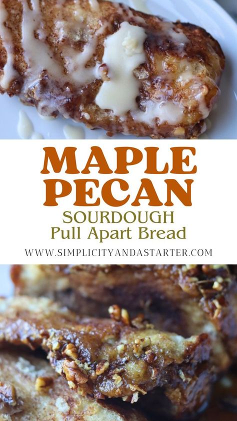 Enjoy a delightful sourdough bread recipe using starter combined with the rich flavors of maple syrup and pecans. This easy pull apart dessert will be a hit for any gathering! Sourdough Bread Easy Quick, Sweet Sourdough Loaf Recipes, Recipes That Use Sourdough Bread, S'more Sourdough Bread, What To Do With Leftover Sourdough Bread, Sourdough Pull Apart Rolls, Sourdough Monkey Bread Pull Apart, Sourdough Bread Gift Basket Ideas, Cardamom Sourdough Bread