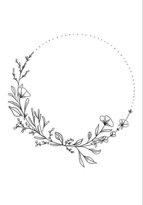 Floral Wreath Line Drawing, Circle Flower Design, Floral Line Art, Floral Wreath Drawing, Nouveau Tattoo, Framed Tattoo, Wreath Drawing, Bullet Planner, Hand Embroidery Patterns Flowers