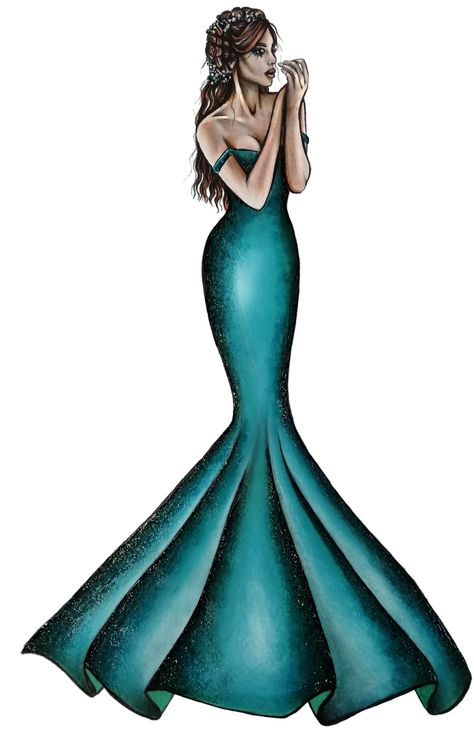 Mermaid Dresses Drawing, Gradation Design Dress Illustration, Mermaid Fashion Illustration, Mermaid Dress Illustration, Mermaid Dress Sketch, Mermaid Dress Drawing, Illustration Dress, Fashion Model Sketch, Fish Dress