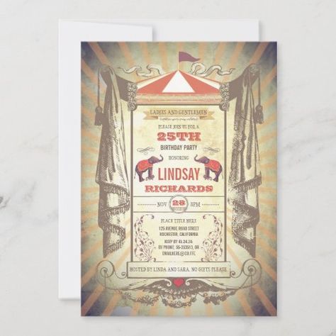 $2.92 | Circus or Vintage Carnival Birthday Party #circus, carnival, birthday, elephants, vintage carnival, vintage circus, old, aged, carousel, birthday party, fun Carnival Birthday Party Invitations, Vintage Birthday Party Invitations, Prom Invitations, Vintage Circus Theme, Carousel Birthday Parties, Circus Invitations, Two Elephants, Vintage Birthday Parties, Carnival Birthday Party