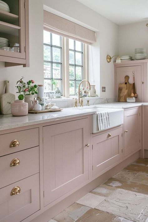 Dusty Rose Cabinets, Pastel Pink Kitchen Cabinets, Pink Utility Room, Dusty Pink Kitchen, Blue Walls In Kitchen, Pink And Blue Kitchen, Pink And Green Kitchen, Pink Kitchen Cabinets, Pink House Interior