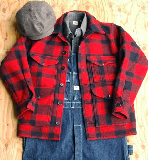 Filson "Washed Original Mackinaw Cruiser" Sugar Cane "Flannel L/S Work Shirt" Sugar Cane "11.75oz. Denim Overall" Filson Mackinaw Cruiser, Red Leather Jackets, Hot Apples, Mackinaw Cruiser, Filson Mackinaw, American Casual Style, Men Streetstyle, Masculine Fashion, Overalls Fashion