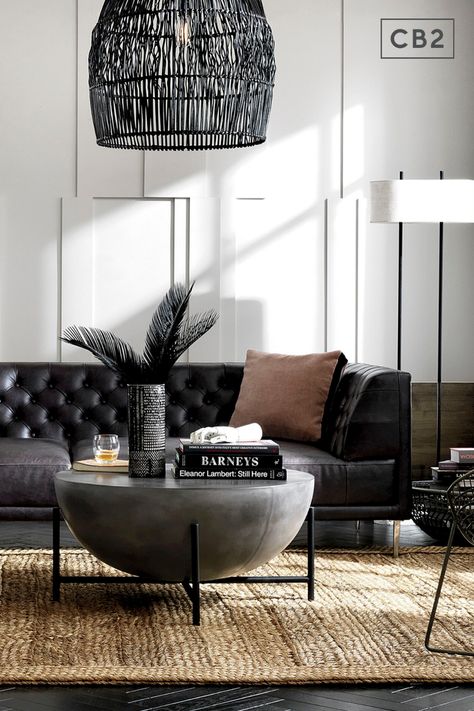 Black Sofa Ideas, Modern Black Sofa, Black Leather Sofa Living Room, Cb2 Christmas, Black Leather Couch Living Room, Cb2 Bed, Black Sofa Living Room Decor, Black Couch Living Room, Tufted Sectional Sofa