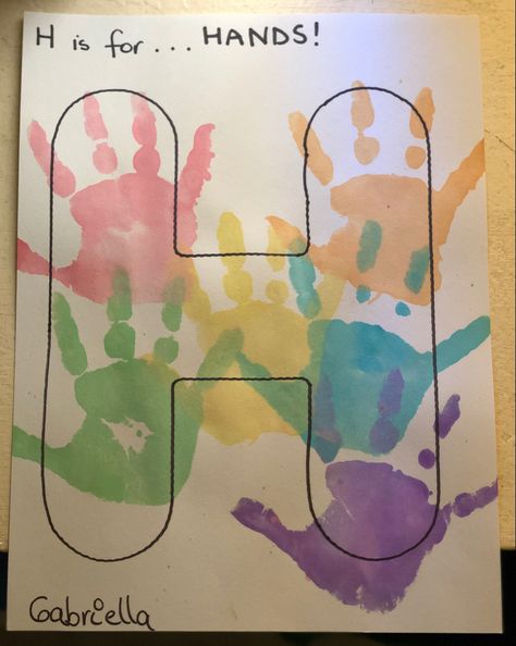 Letter H Handprint Art, H Is For Handprint Craft, Weekly Letter Activities Preschool, Letter H For Preschoolers, A Crafts For Toddlers Letter, Abc Art For Toddlers, Alphabet Handprint Art Letters, H Art For Preschool, A Handprint Craft Letter