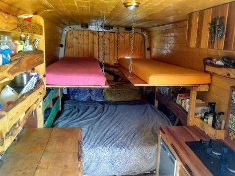 DIY Family Campervan Floating Bunk Beds. – undercover hippy bus Camper Bunk Bed Ideas, Camper Bunk Beds, Campervan Bed, Camper Beds, Kombi Motorhome, Van Bed, Small Camper, Family Bed, Diy Camper Trailer