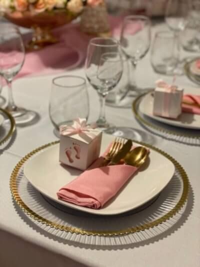 Shop The Look White Square Plates, Baby Shower Table Setting, Chargers Plates, Event Decor Ideas, Party Decorations Table, Shower Table, Pink Napkins, Baby Footprint, Gold Cutlery