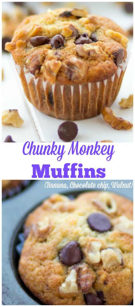 Banana Nut Chocolate Chip Muffins, Chunky Monkey Muffins, Banana Chocolate Chips, Monkey Muffins, Jumbo Cookies, Moist Banana Muffins, Yummy Bars, Banana Walnut Muffins, Walnut Muffins