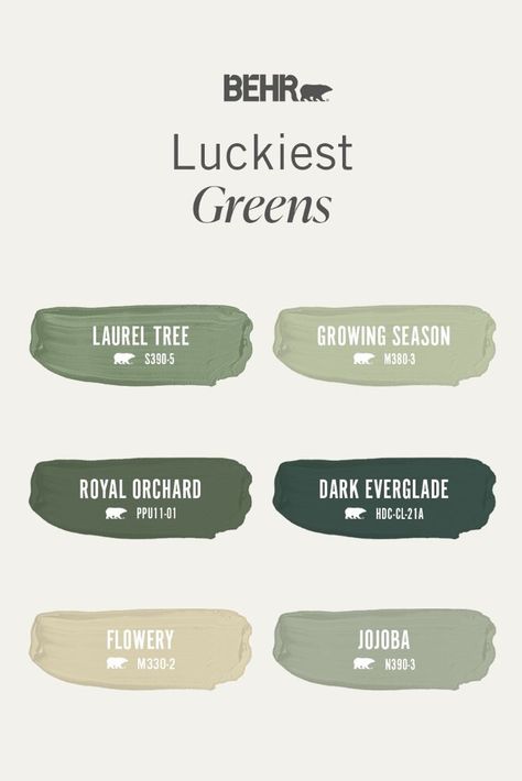 Lucky you! We have a new color palette that features some of our favorite charm-ing green shades. Greens Palette, Behr Color Palettes, Exterior Door Colors, Behr Colors, Color Of The Month, Behr Paint Colors, Beige Color Palette, House Color Palettes, Behr Paint