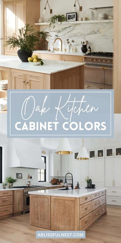 Oak cabinets offer endless possibilities for creating a kitchen that's both stylish and inviting. Explore a range of stunning oak kitchen cabinet colors, from rich and traditional stains to light and airy hues. Discover how these versatile shades can transform your space and complement any design aesthetic. Get ready to fall in love with your kitchen all over again! #kitchenremodel #cabinetcolors #interiordesign White Oak Traditional Kitchen, Kitchen Cabinet Light Wood, Flooring For Light Oak Cabinets, Light Wood Tone Kitchen Cabinets, Quartersawn Oak Cabinets, Kitchen Cabinets Half Painted Half Wood, Light Oak And White Kitchen Cabinets, Cabinet Color With Light Wood Floors, Stained Oak Kitchen Island