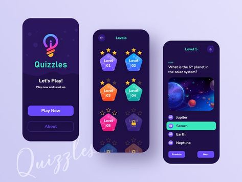 Quizzles - Mobile App UI Design - UI/UX Design Quiz App Ui, Ux Design Mobile, Ui Design Mobile, Ux Kits, Quiz Design, Mobile App Games, Flat Design Icons, App Interface Design, Game Ui Design