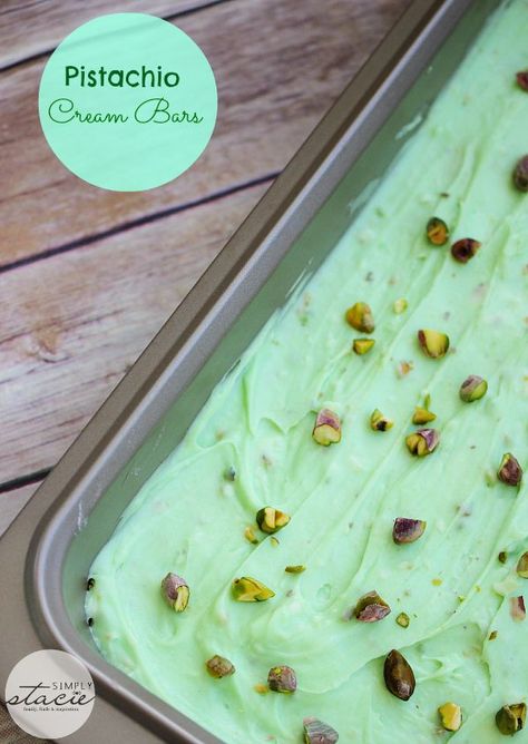 Pistachio Cream Bars - Made with a shortbread cookie base and filling that is a cross between a pudding and cheesecake, these bars are to die for! Get the recipe here. Cake With Pudding Mix, Pistachio Desserts, Cake With Pudding, Desert Bars, Pistachio Cake Recipe, Lemon Desserts Easy, Indulgent Recipes, Icebox Cakes, Pistachio Dessert