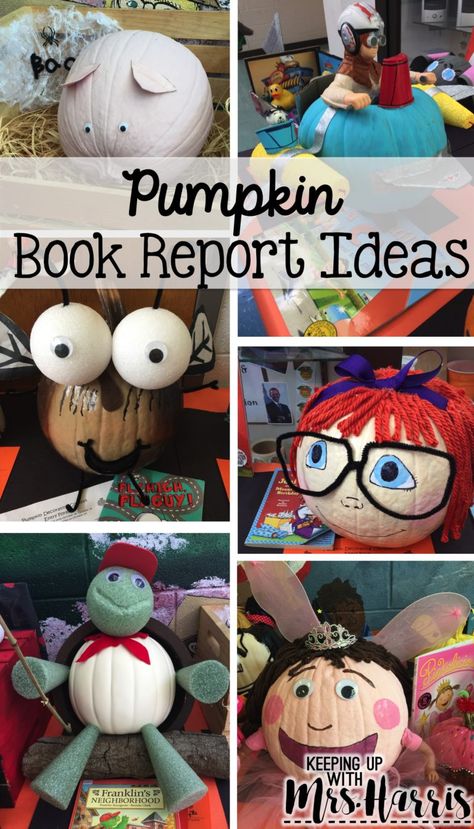 Pumpkin Book Report Ideas - Adorable pumpkin book report ideas for teachers, students, and parents. Pumpkins Decorated As Book Characters, Favorite Book Pumpkin Decorating, Literature Pumpkin Decorating, Pumpkin Decorating Based On Books, Pumpkin Parade Book Characters, Book Based Pumpkin Decorating, Pumpkin Decorating Ideas Book Character, Pumpkin Book Report Ideas, Pumpkins Based On Kids Books