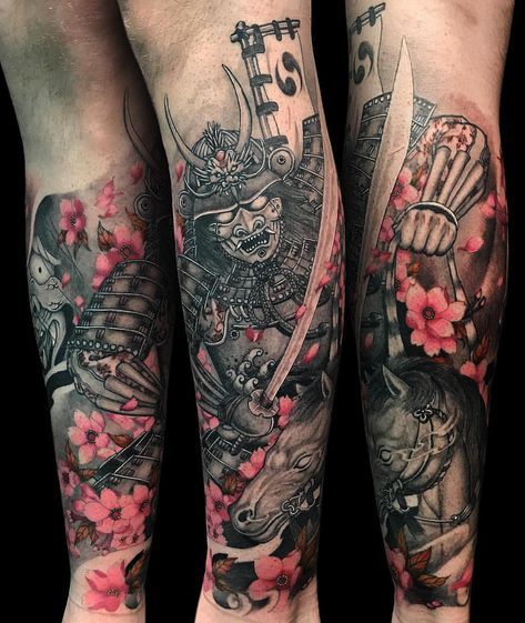 Samurai and cherry blossoms tattoo. Finished. Thank you for viewing and thank you to Daniel for being an awesome client. Always great… Dragon Tattoo With Cherry Blossoms, Blossoms Tattoo, Japanese Leg Tattoo, Samurai Tattoo Design, Forarm Tattoos, Forearm Sleeve Tattoos, Flower Tattoo Sleeve, Japanese Sleeve Tattoos, Blossom Tattoo