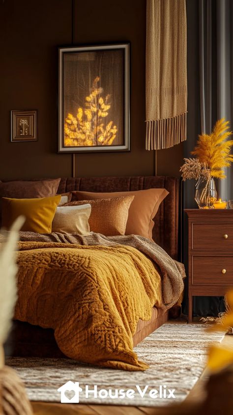 Brown and Gold Accents Updated Caramel Bedroom Ideas, Yellow And Brown Bedroom, Golden Bedroom Ideas, Brown And Gold Bedroom, Brown Bedrooms, Chocolate Brown Walls, Brown Bedroom Ideas, Copper Bedroom, Farm Room