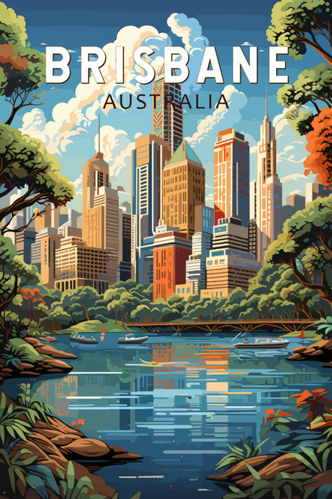 Vintage-style poster capturing the dynamic cityscape of Brisbane, Australia, perfect for adding retro vibes to your decor Vintage Travel Posters Art Deco, Travel Graphic Design, Australia Poster, Art Deco Travel Posters, Posters Australia, Australia Brisbane, Wanderlust Decor, Transportation Poster, Travel Poster Design