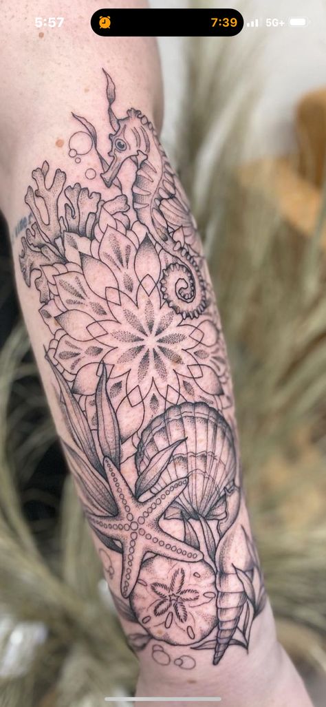 Mandala Tattoo Women Leg, Nautical Half Sleeve Tattoos For Women, Seashell Arm Tattoo, Flowers And Ocean Tattoo, Mandala Sea Tattoo, Feminine Ocean Sleeve Tattoo, Jelly Fish Arm Tattoos, Arm Tattoos For Women Ocean, Big Ocean Tattoo