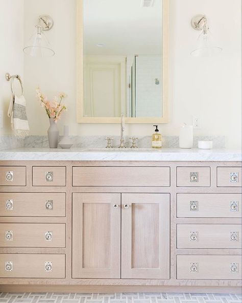 Bleached white oak vanity, marble countertop, marble mosaic floor, creamy white walls, polished nickel hardware Cove Remodel Studio Mcgee, Country Bathroom Decor, Transitional Decor Bathroom, Transitional Bathroom, Shabby Chic Bathroom, Home Luxury, 아파트 인테리어, Chic Bathrooms, Girls Bathroom