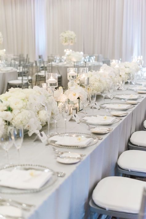 Luxury Glam Wedding in Silver and White | Luxe Linen | Wedding Chicks | Wedding Reception | Elegant Reception | Silver and White Reception | Table Linens | Table Design White Reception Table, Reception Table Linens, Silver Wedding Decor, Silver Wedding Reception, White And Silver Wedding, Silver Wedding Theme, White Silver Wedding, Silver Wedding Decorations, White Weddings Reception