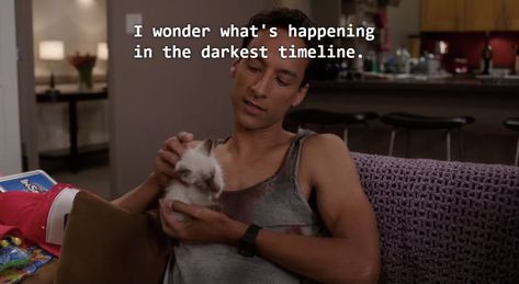 i wonder whats happening in the darkest timeline, abed nadir, nbc community Community Tv Quotes, Abed Community Quotes, Nbc Community, Sitcom Quotes, Sitcoms Quotes, Abed Nadir, Community Quotes, Tv Show House, Community Tv Show