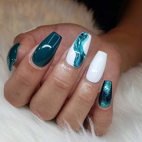 Nails That Go With Teal Dress, Teal Nail Art Designs, White Teal Nails, Deep Teal Nails Design, Marble Turquoise Nails, Dark Teal And Orange Nails, Torquise Nails Turquoise Design, Prom Nails For Teal Dress, Teal Green Nail Designs