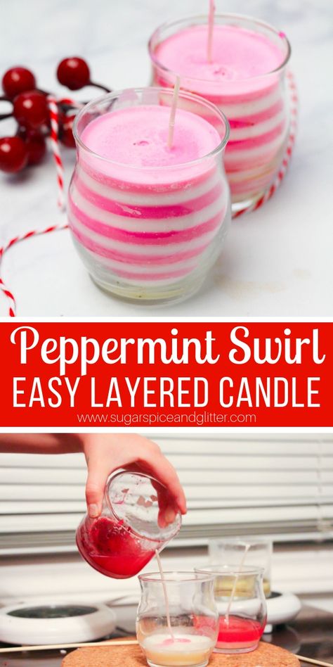 How to make a peppermint swirl candle - with kids! This easy homemade Christmas gift smells amazing and is super easy to make with just a few inexpensive materials How To Make Swirl Candles, Candy Cane Candles Diy, Peppermint Candles Diy, How To Make Candle Wax Melts, Diy Christmas Candles Gift, Making Christmas Candles, Christmas Candle Making, Diy Peppermint Candle, Homemade Christmas Candles