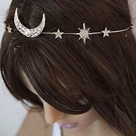 Gold Wedding Hair Accessories, Moon Headband, Gold Hair Accessories Wedding, Moon Accessories, Chain Headpiece, Art Deco Hair, Hair Chains, Star Headband, Headpiece Jewelry